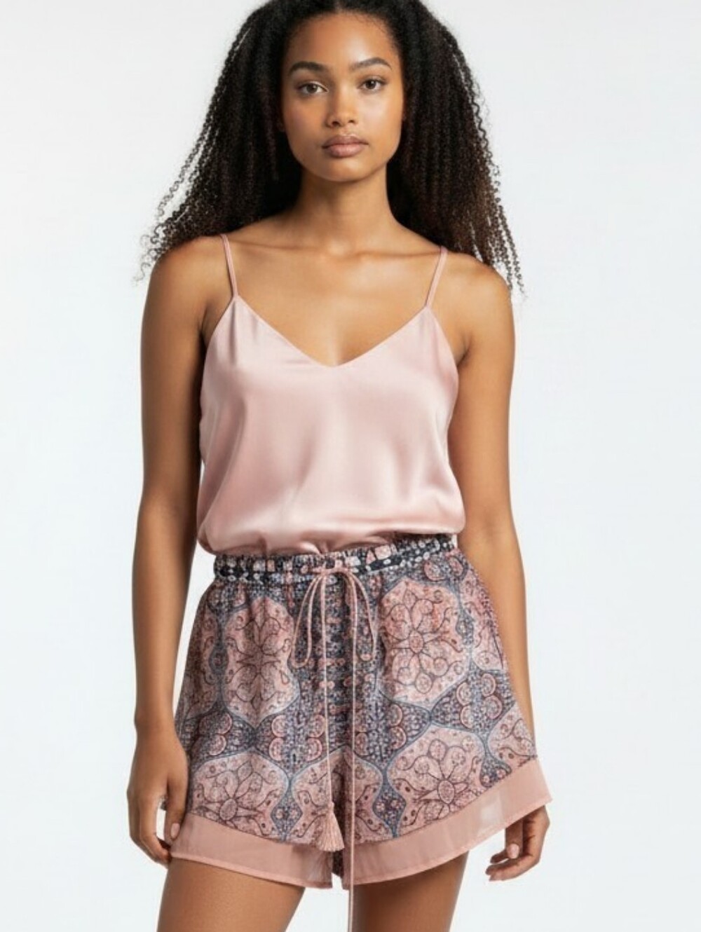 Bebe Pink/Peach Paisley Layered Shorts Tassel Elastic Waist Boho Size Small